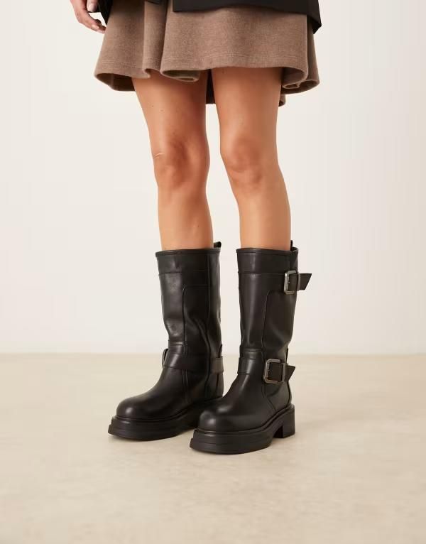 エイソス レディース シューズ ブーツ・レインブーツ レザー ASOS DESIGN Cohen multibuckle leather knee boots BLACK LEATHER ブラック