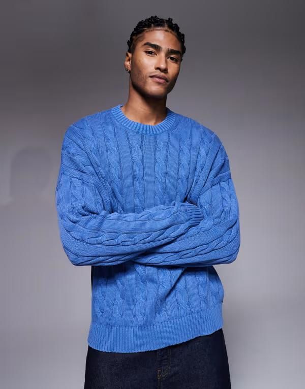 エイソス メンズ アウター ニット・セーター オーバーサイズフィット セーター ニット ASOS DESIGN oversized fit cable knit sweater in washed BLUE ブルー