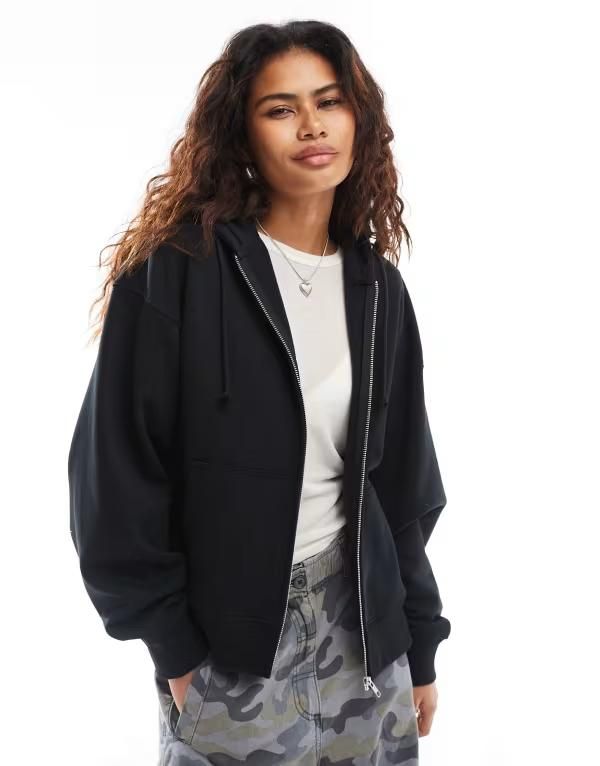 コルージョン レディース アウター パーカー・スウェット フルジップ パーカー COLLUSION zip through boxy hoodie Black ブラック
