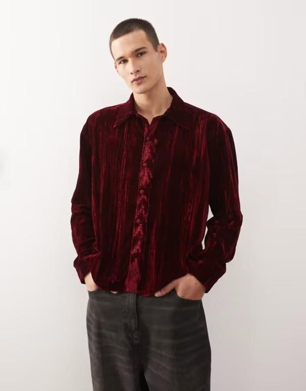 リクレイム ヴィンテージ メンズ トップス シャツ ベルベット クロップド Reclaimed Vintage cropped boxy shirt velvet red レッド