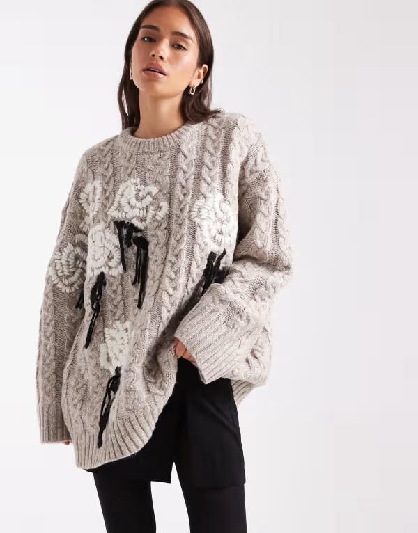 エイソス レディース アウター ニット・セーター フラワー柄 セーター 刺繍 フラワー ASOS DESIGN embroidered floral cable oversized sweater in oatmeal Oatmeal オートミール