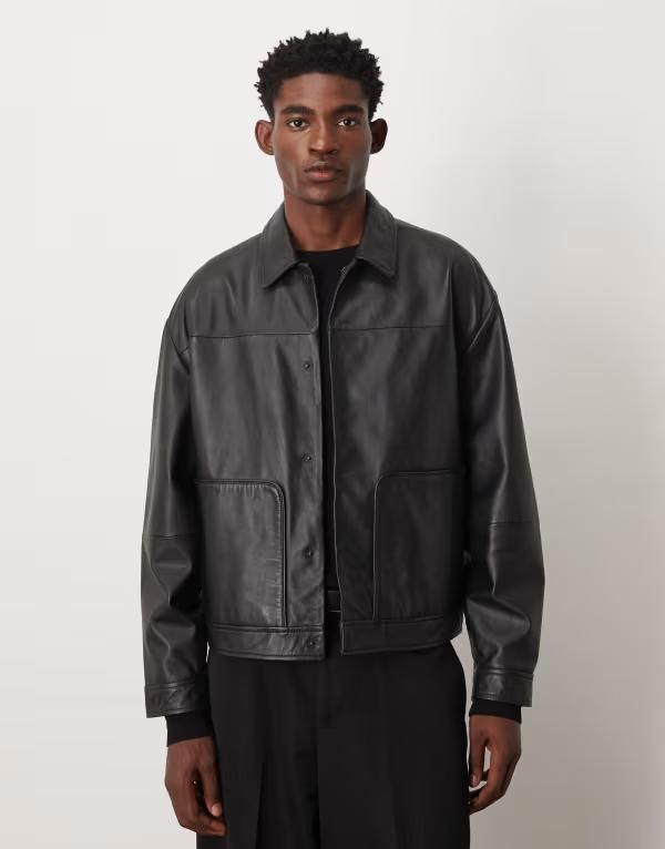 エイソス メンズ アウター ジャケット・ブルゾン レザー ジャケット ASOS DESIGN harrington jacket in real leather Black ブラック