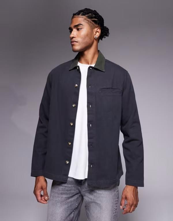 エイソス メンズ トップス シャツ コントラスト ASOS DESIGN overshirt with contrast collar Black ブラック
