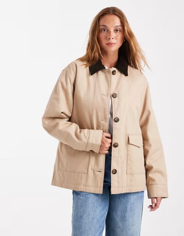 ブレーブソウル レディース アウター コート コーデュロイ ジャケット Brave Soul canvas barn jacket with corduroy collar in stone STONE ストーン
