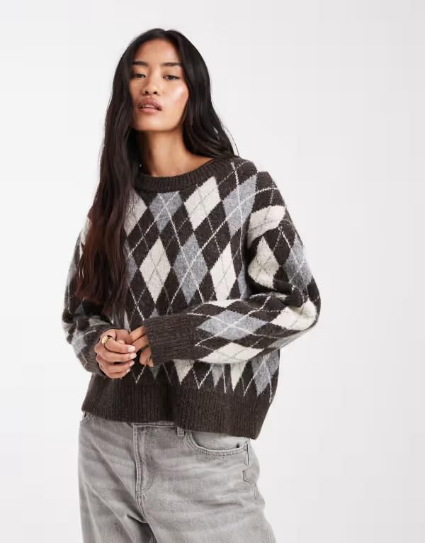オンリー レディース アウター ニット・セーター セーター ニット ONLY brushed knit sweater argyle BROWN ブラウン