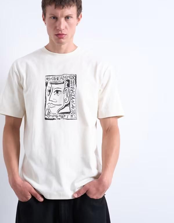 トップマン メンズ トップス Tシャツ オーバーサイズフィット プリント シャツ Topman oversized fit Tshirt with front and back Mothers Keeper print in ecru ECRU エクリュ