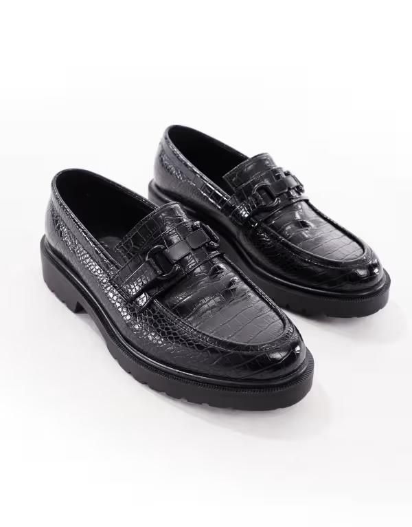 エイソス メンズ シューズ スリッポン・ローファー ローファー ASOS DESIGN loafers faux croc with snaffle Black ブラック