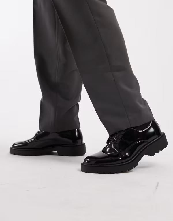 エイソス メンズ シューズ オックスフォード ダービー レース ASOS DESIGN lace up derby shoes patent with cleated soles Black ブラック