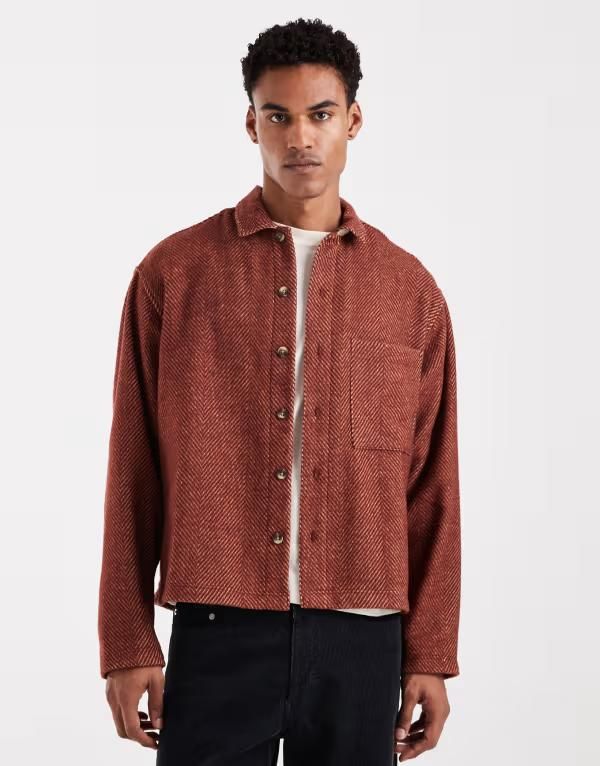 エイソス メンズ トップス シャツ ウール ASOS DESIGN boxy oversized wool mix herringbone shirt in rustラスト