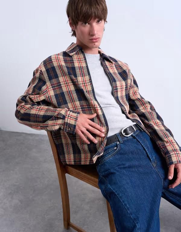 トップマン メンズ トップス シャツ レギュラーフィット Topman regular fit textured check overshirt with zip Navy check ネイビー