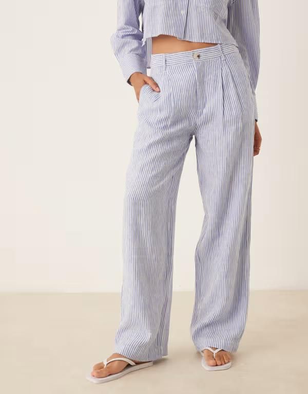 マンゴ レディース ボトムス カジュアルパンツ パンツ リネン Mango linen mix striped elastic waist pants in light blue part of a set LIGHT BLUE ブルー