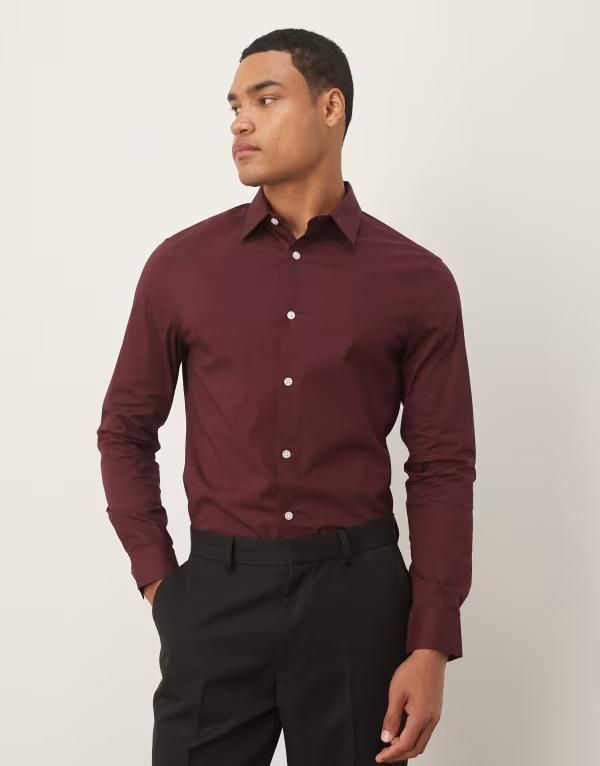 エイソス メンズ トップス シャツ ASOS DESIGN skinny stretch work shirt Burgundy バーガンディ
