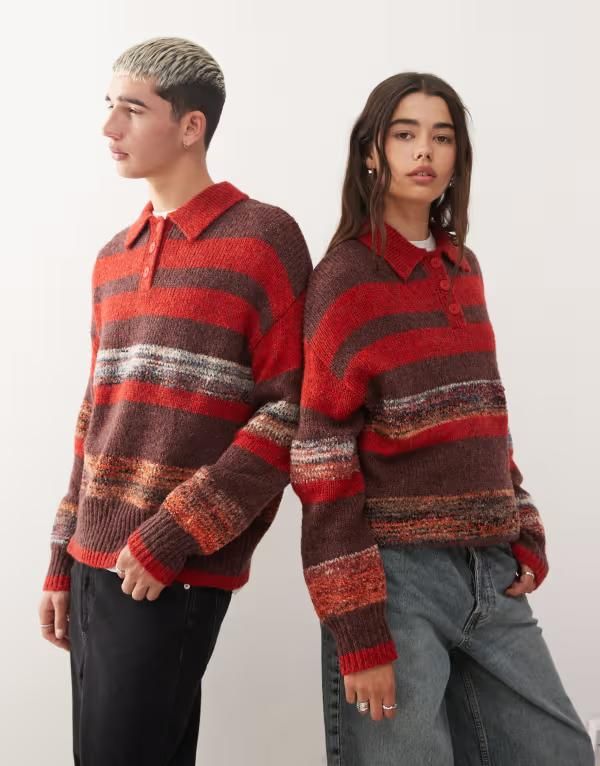 リクレイム ヴィンテージ レディース アウター ニット・セーター ポロシャツ セーター ニット Reclaimed Vintage Unisex knit polo sweater and brown stripes Red stripe レッド