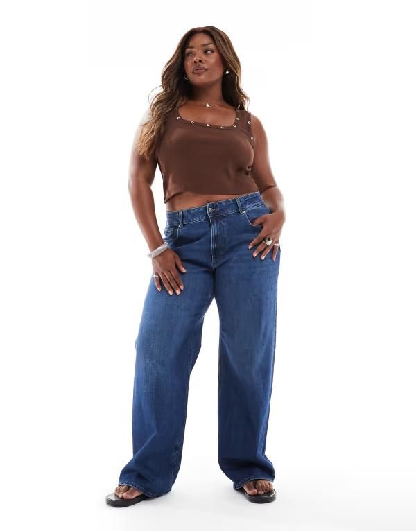 オンリーカーブ レディース ボトムス デニムパンツ ワイドレッグ ジーンズ ONLY Curve Juicy wide leg jeans in dark Dark blue ブルー
