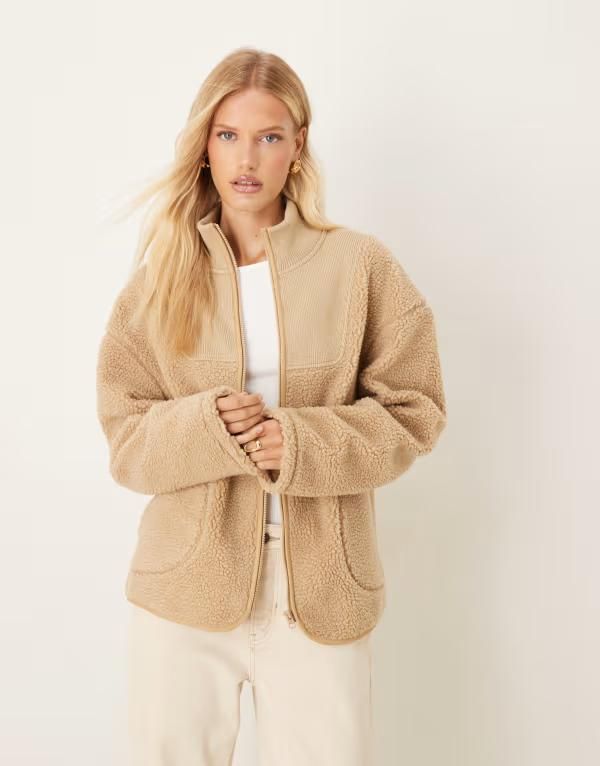 エイソス レディース アウター ジャケット・ブルゾン ニット ジャケット ASOS DESIGN hooded borg and knit mix jacket in tonal BEIGE ベージュ