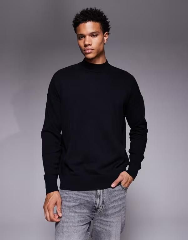 エイソス メンズ アウター ニット・セーター タートルネック Tシャツ ニット ASOS DESIGN relaxed long sleeve knit turtle neck Tshirt Black ブラック
