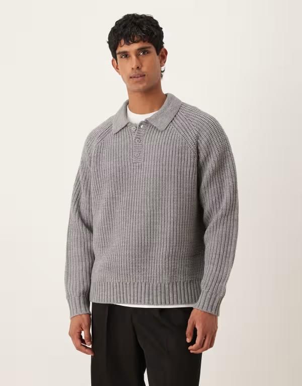 エイソス メンズ トップス ポロシャツ リブ ウール セーター ニット ASOS DESIGN oversized heavyweight knit wool blend ribbed polo sweater in heather Gray Heather
