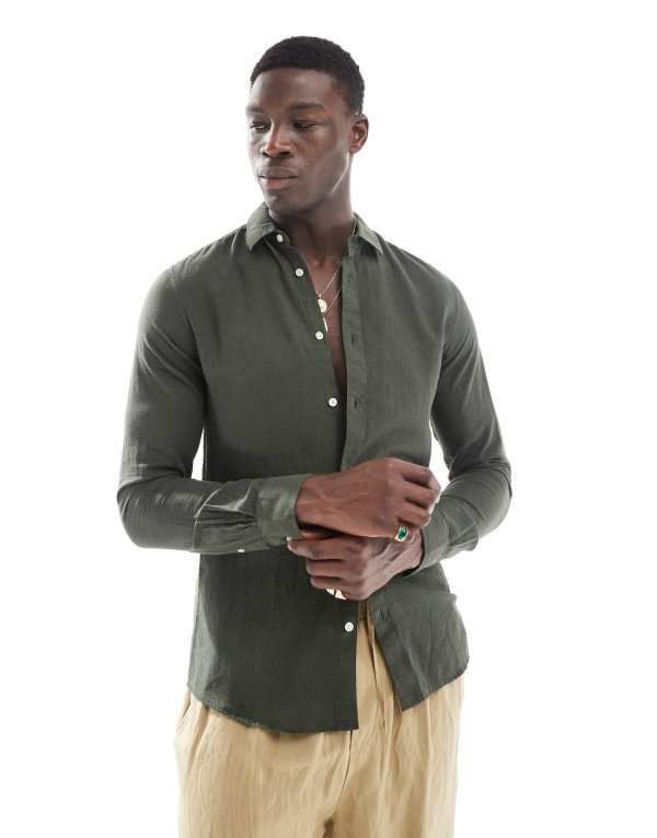 オンリーアンドサンズ メンズ トップス シャツ リネン ONLY SONS linen blend long sleeve shirt in dark Kambaba グリーン