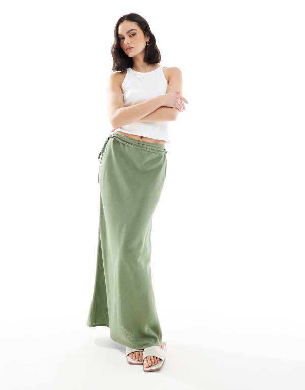 エイソス レディース ボトムス スカート リネン マキシ ASOS DESIGN linen blend bias maxi skirt khaki カーキ