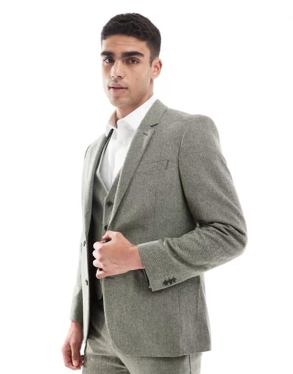エイソス メンズ アウター ジャケット・ブルゾン ウール ジャケット ASOS DESIGN wool rich slim suit jacket herringbone GREEN グリーン