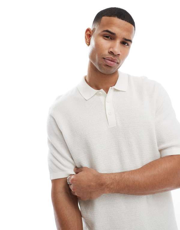ジャック アンド ジョーンズ メンズ トップス ポロシャツ ニット Jack Jones textured knit polo in cream Cloud Dancer クリーム