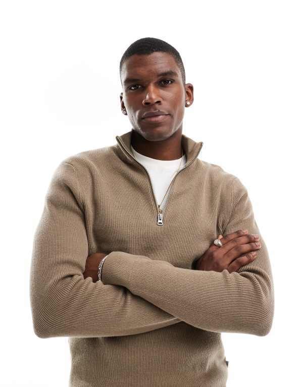 オンリーアンドサンズ メンズ アウター ニット・セーター ハーフジップ リブ セーター ONLY SONS ribbed half zip sweater in light Desert taupe トープ