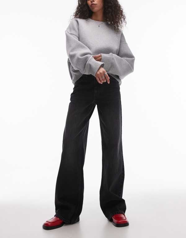 トップショップ レディース ボトムス デニムパンツ ワイドレッグ Topshop mid rise wide leg jean in washed WASHED BLACK ブラック