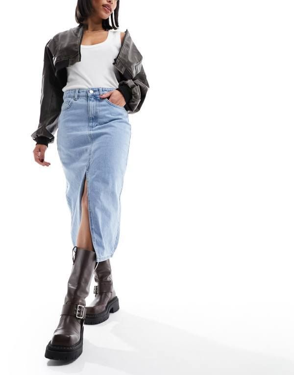 オンリー レディース ボトムス スカート ミディ デニム ONLY denim midi skirt with front split in light Light Blue Denim デニム 15,155円