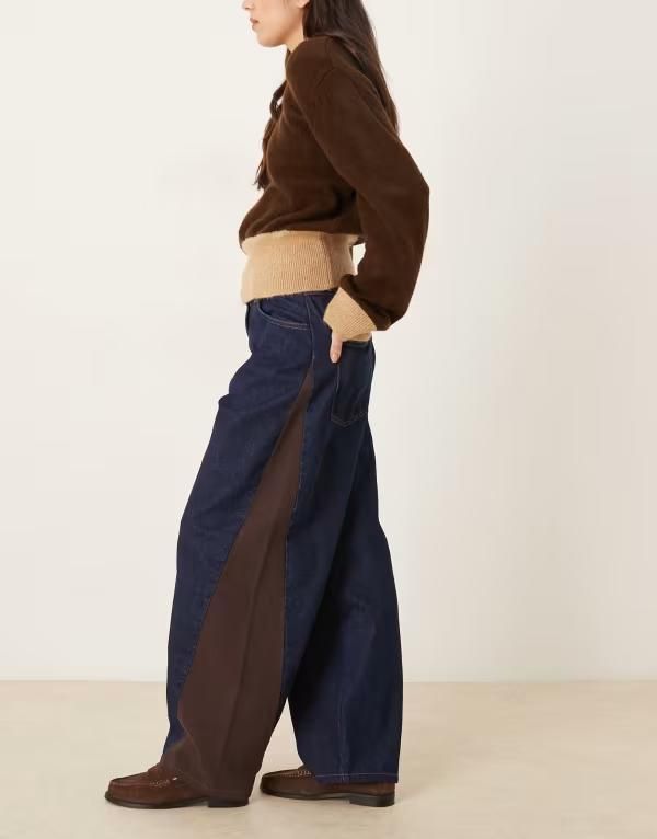 エイソス レディース ボトムス デニムパンツ コーデュロイ ジーンズ ASOS DESIGN barrel jeans with corduroy side panels indigo INDIGO インディゴ