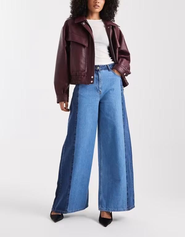 エイソス レディース ボトムス デニムパンツ ワイドレッグ コントラスト ジーンズ ASOS DESIGN contrast panel wide leg jeans in mid BLUE ブルー