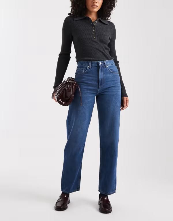 オンリー レディース ボトムス デニムパンツ ストレート ハイウエスト ジーンズ ONLY Robbie high waistraight leg jeans in mid BLUE ブルー