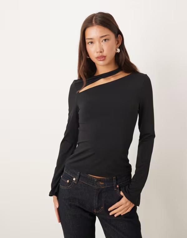 エイソス レディース トップス Tシャツ カットアウト コットン ASOS DESIGN cotton touch long sleeve top with cut out detail Black ブラック