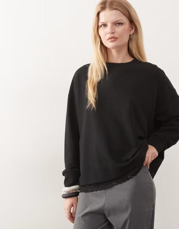 ノイジーメイ レディース アウター パーカー・スウェット シャツ レース Noisy May long sleeve sweatshirt with lace hem Black ブラック