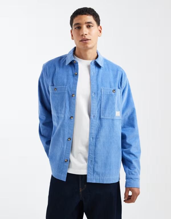 エイソス メンズ トップス シャツ ASOS DESIGN cord overshirt with badge BLUE ブルー