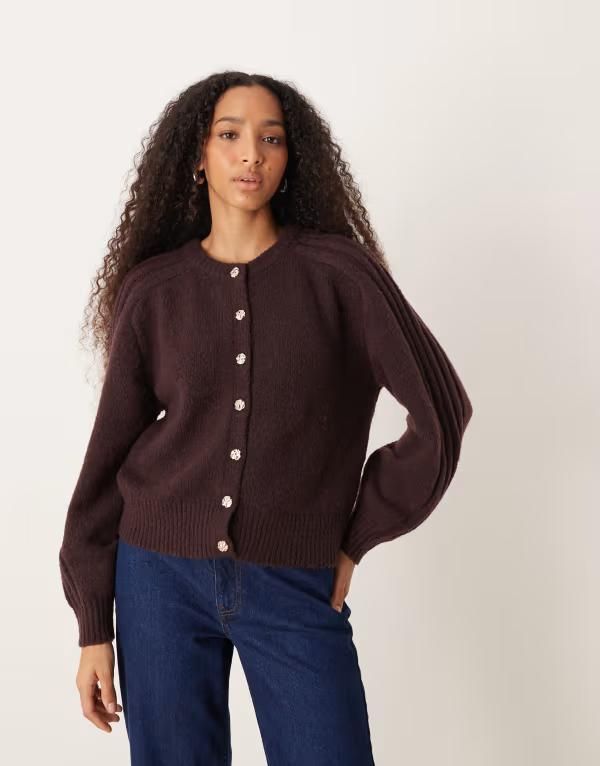ジェイディーワイ レディース アウター カーディガン ニット JDY buttons detail knit cardigan in chocolate BROWN ブラウン