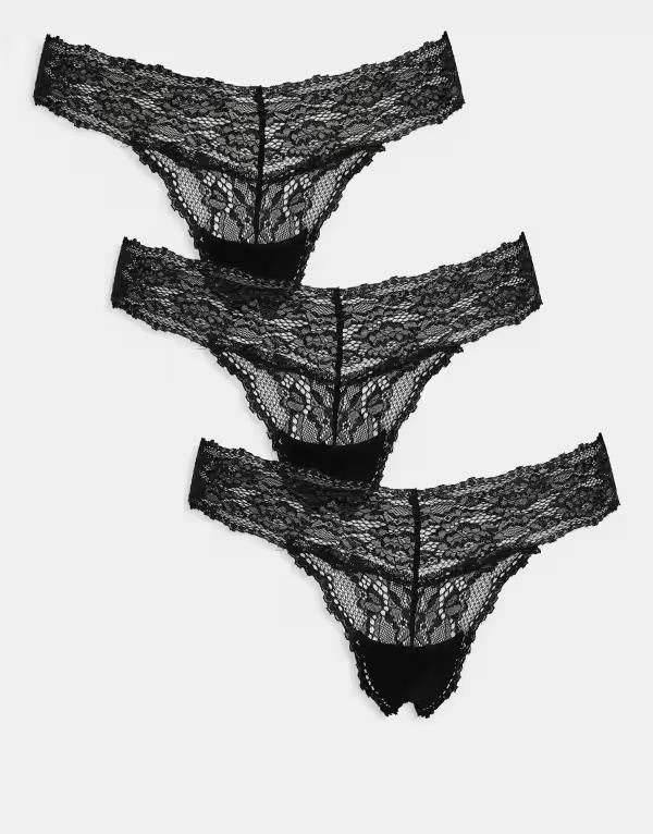 コットンオン レディース アンダーウェア ブリーフパンツ レース Cotton 3 pack everyday lace thong briefs Black ブラック