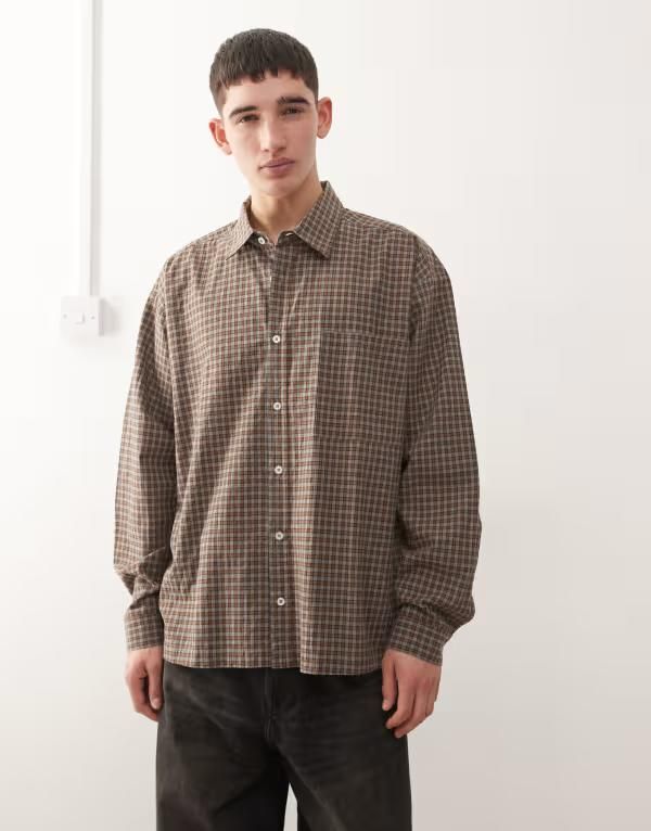 コルージョン メンズ トップス シャツ COLLUSION long sleeve oversized skater shirt plaid Gray グレー