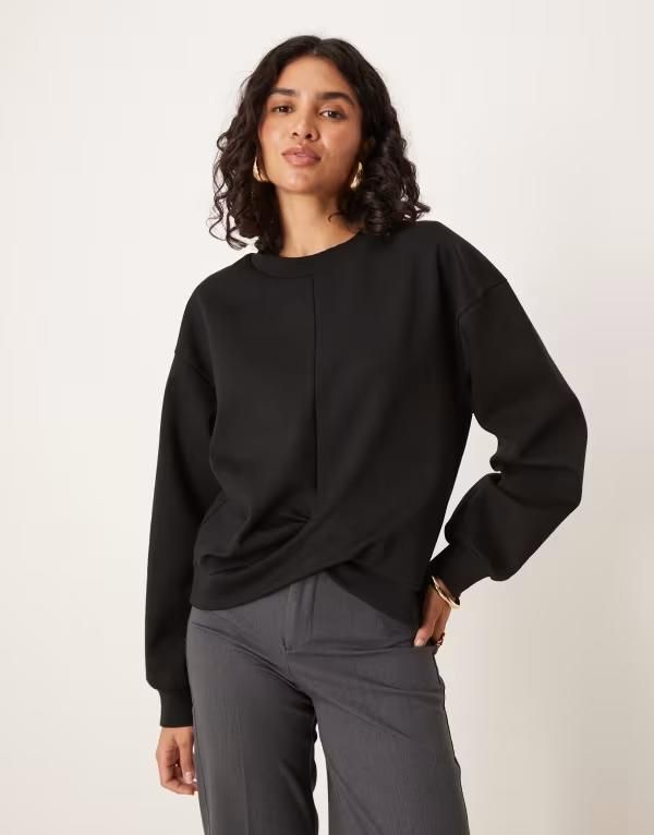 エイソス レディース トップス Tシャツ ASOS DESIGN interlock twist front long sleeve top Black ブラック