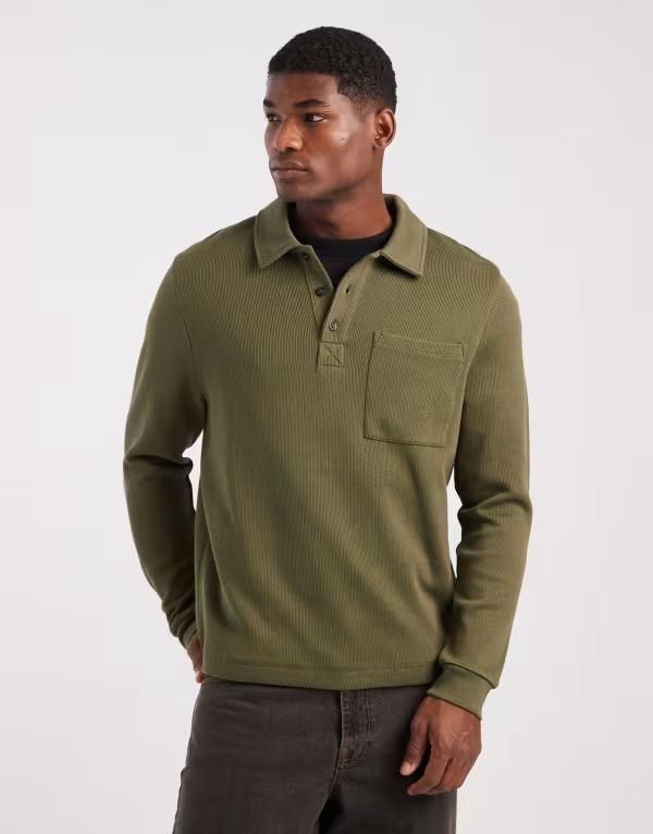 エイソス メンズ アウター パーカー・スウェット ポロシャツ ASOS DESIGN oversized button placket polo shirt with pocket Khaki カーキ