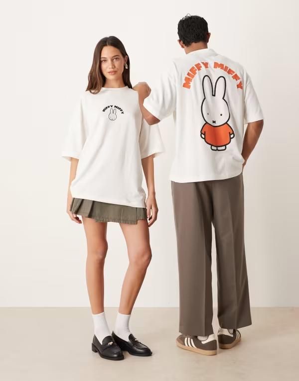 エイソス レディース トップス Tシャツ プリント ASOS DESIGN unisex oversized textured Tshirt with Miffy prints WHITE ホワイト