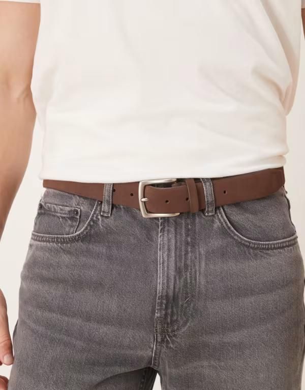 エイソス メンズ アクセサリー ベルト スエード ASOS DESIGN dressy suede belt with silvertone buckle in dark BROWN ブラウン