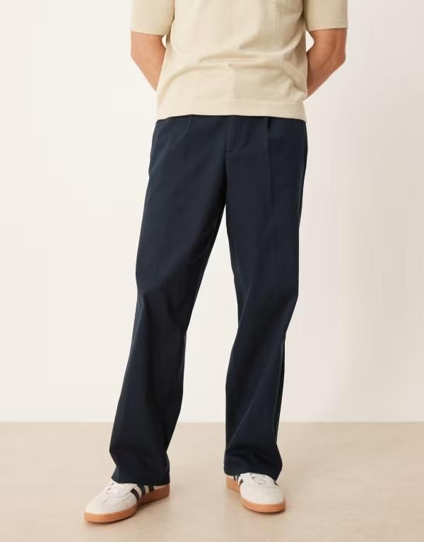 エイソス メンズ ボトムス カジュアルパンツ ワイドレッグ パンツ ASOS DESIGN smart wide leg pants with pleats NAVY ネイビー 15,315円