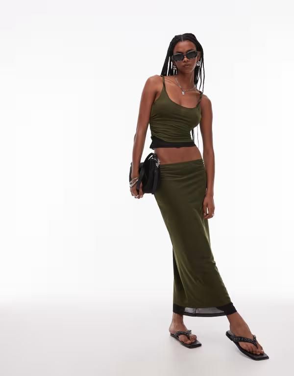エイソス レディース ボトムス スカート メッシュ マキシ ASOS DESIGN 90s mesh double layer maxi skirt part of a set Khaki カーキ