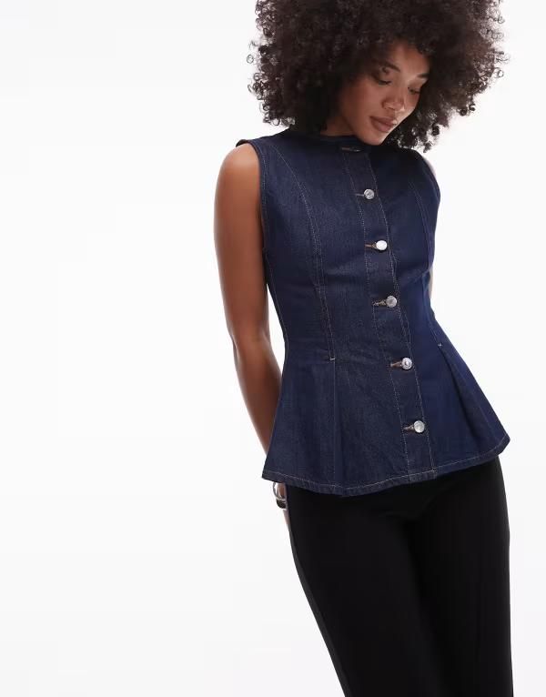トップショップ レディース トップス Tシャツ プリーツ デニム Topshop denim pleated peplum top in indigo Blue ブルー