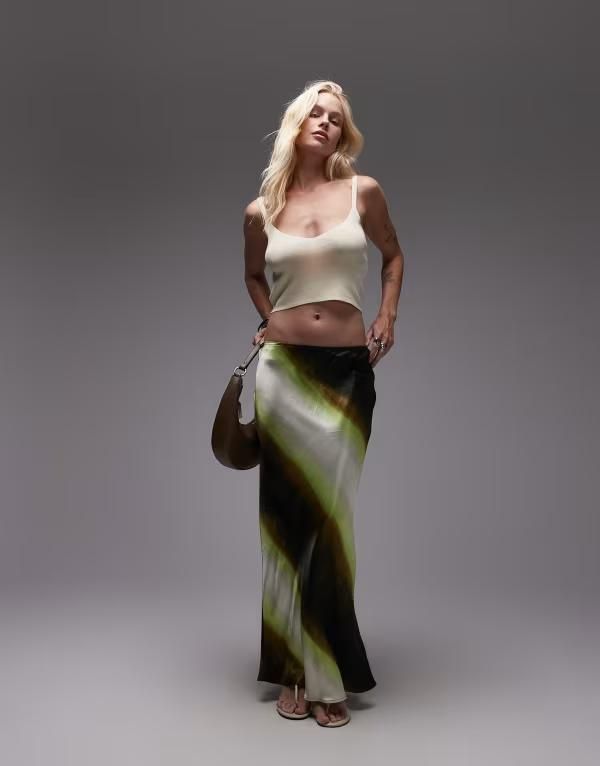 トップショップ レディース ボトムス スカート サテン マキシ Topshop satin bias maxi skirt in lime ombre stripe Lime ライム