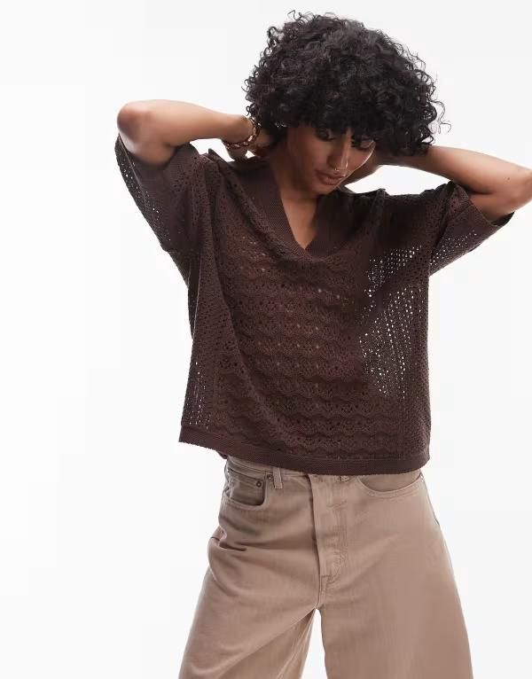トップショップ レディース トップス Tシャツ ポロシャツ Topshopen stitch polo top in chocolate チョコレート