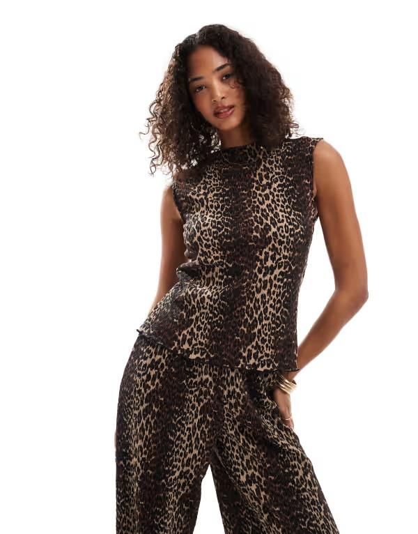 ピーシーズ レディース トップス タンクトップ ハイネック プリント ミニ Pieces mini plisse high neck tank top in leopard print part of a set Black leo ブラック 8,736円