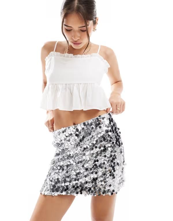 ピーシーズ レディース ボトムス スカート ミニ スパンコール PIECES sequin mini skirt SILVER シルバー