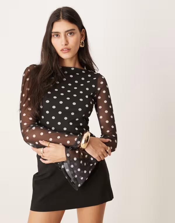 エイソス レディース トップス Tシャツ ドット柄 ドット プリント メッシュ ASOS DESIGN polka dot printed mesh angel sleeve top with open tie back Black ブラック