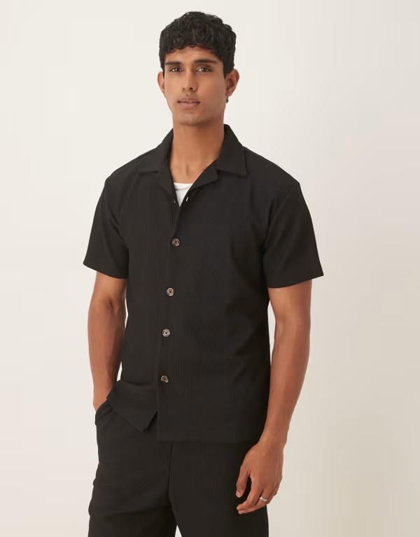 セレクテッドオム メンズ トップス シャツ Selected Homme camp collar plisse shirt part of a set Black ブラック